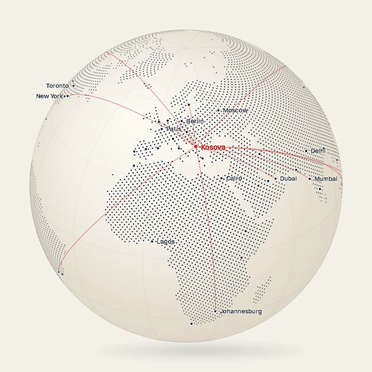 A dotted globe with Kosova marked in red and routes to Berlin, Paris, New York, Dubai, Mumbai and other cities