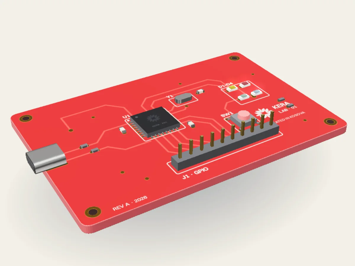 The KERA LAB 01 circuit board in KERA red with gold traces and its parts